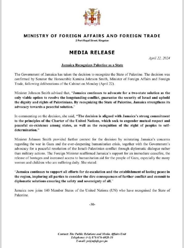🐦‍⬛️🇯🇲🇵🇸 Jamajka oficiálně uznala stát Palestina.🇧🇧20. V dubnu totéž...